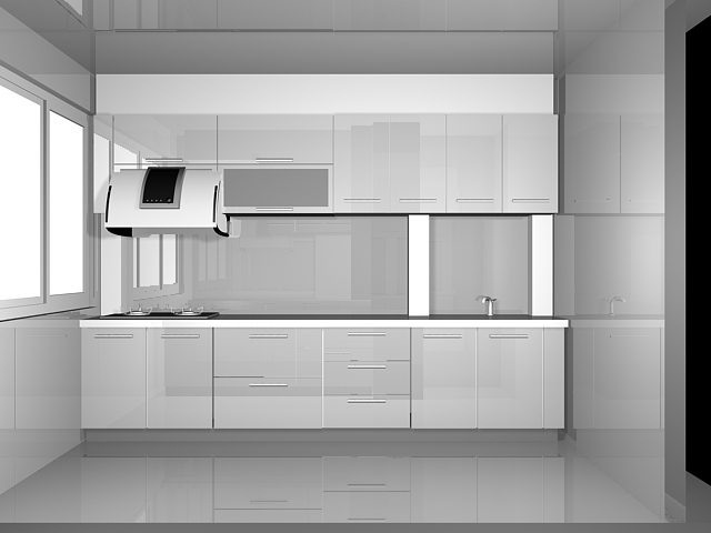Silver galley kitchen 3d rendering