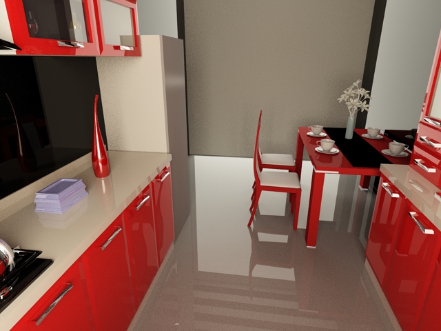 Small U kitchen design 3d rendering