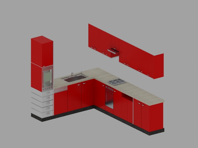 Minimalist red kitchen cabinet 3d rendering
