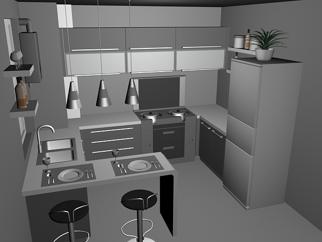 Small kitchen with counter design 3d rendering
