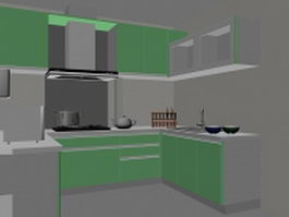 Green U kitchen design 3d model preview