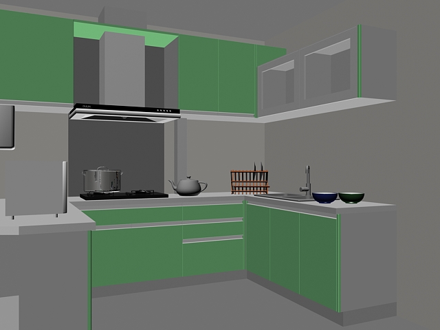 Green U kitchen design 3d rendering