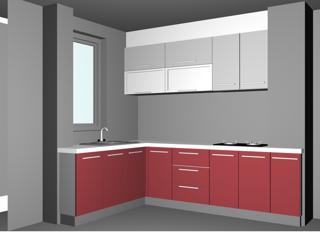 L-shaped pink kitchen design 3d rendering