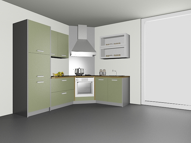 Corner kitchen design 3d rendering