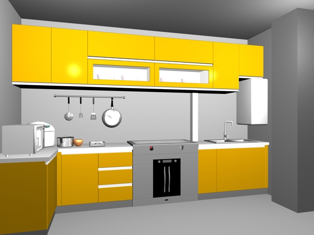 Yellow kitchen units 3d rendering