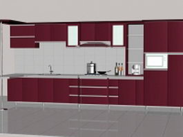 Dark red straight line kitchen design 3d model preview