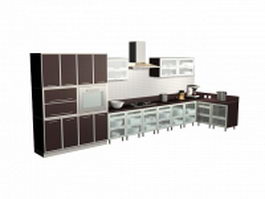Brown single line kitchen design 3d model preview