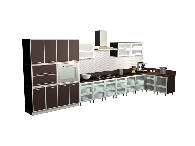 Brown single line kitchen design 3d rendering