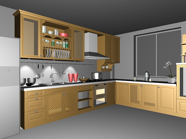 L kitchen design layout 3d rendering