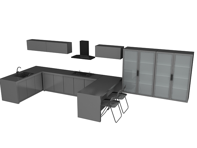 Open plan U-kitchen 3d rendering