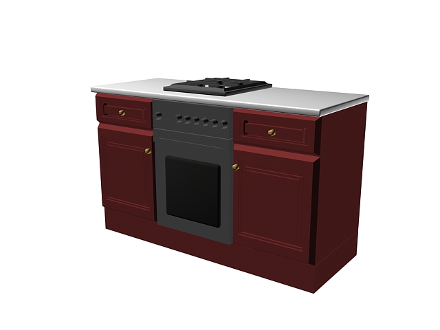 Wooden kitchen stove cabinet 3d rendering