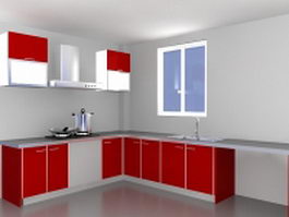 Red corner kitchen design 3d model preview