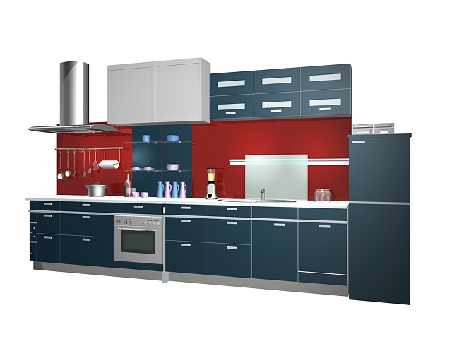Straight line kitchen layout design 3d rendering