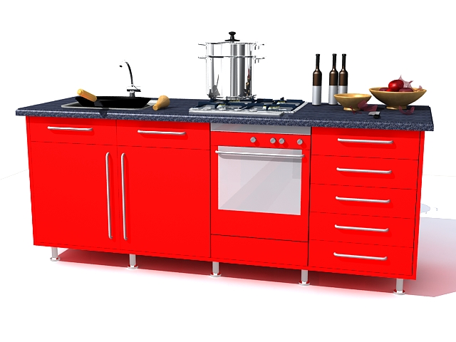 Small red kitchen cabinet 3d rendering
