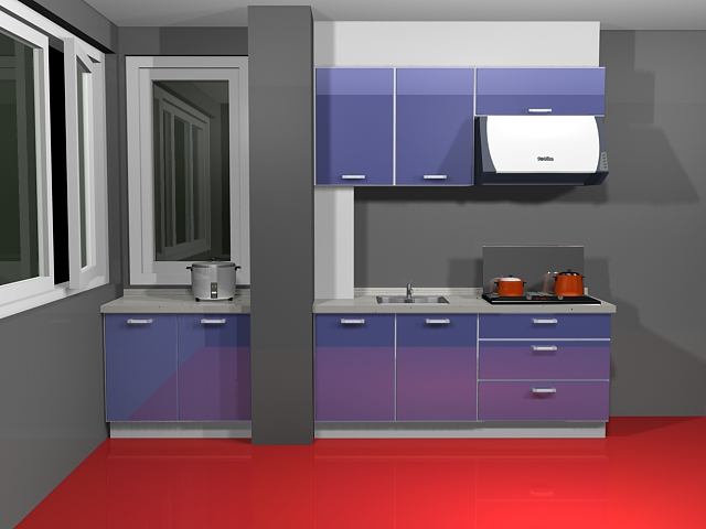 Single blue kitchen unit 3d rendering