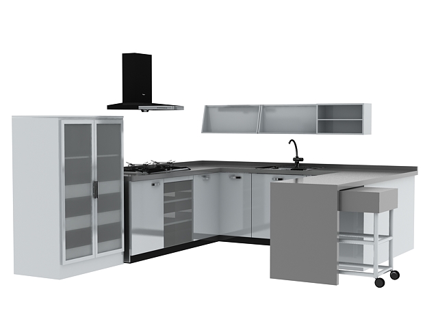 U-shaped kitchen layout 3d rendering