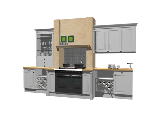 Kitchen cabinet with wine rack 3d rendering