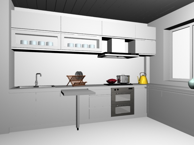 Small kitchen layout design 3d rendering