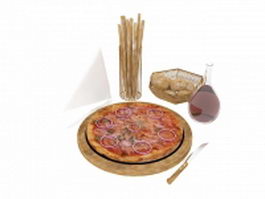 Italian pizza and wine 3d model preview