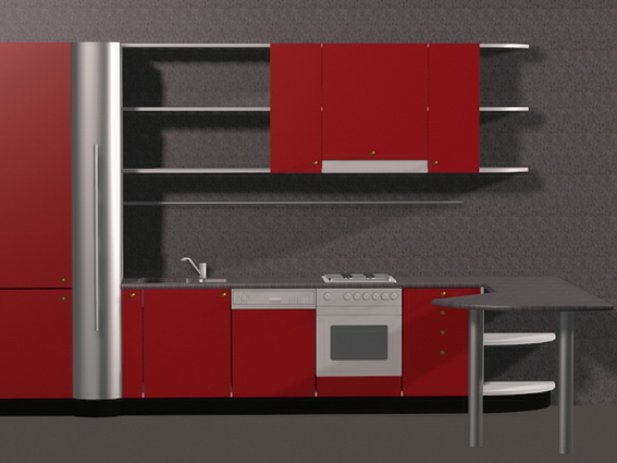 Red L-kitchen design 3d rendering