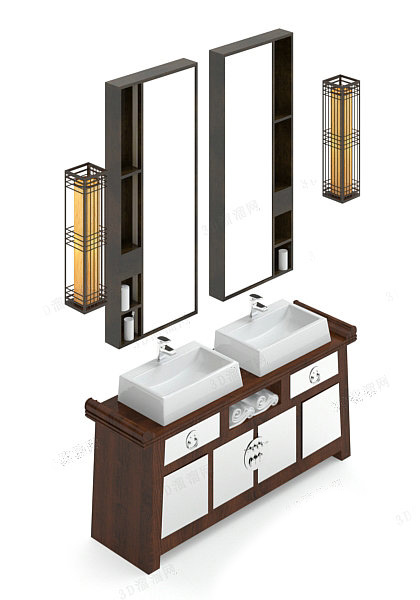 Luxurious double sink bathroom vanity cabinet 3d rendering