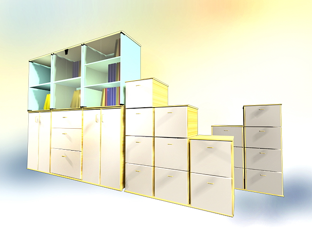 Office wall cabinets collection 3d rendering