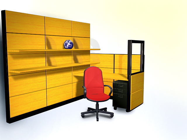 Office desk with bookshelf 3d rendering