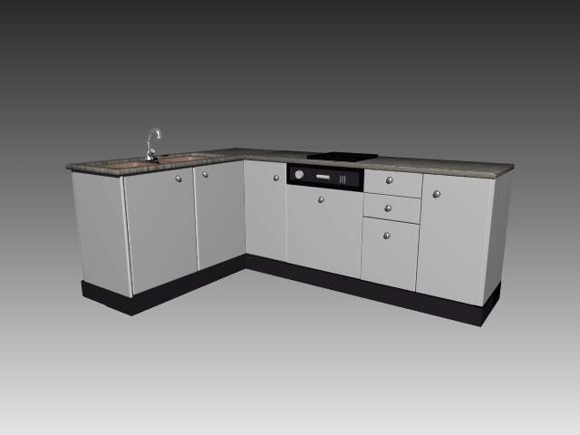 L shaped kitchen cabinet units 3d rendering