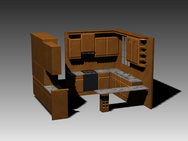 G shaped kitchen cabinet 3d rendering