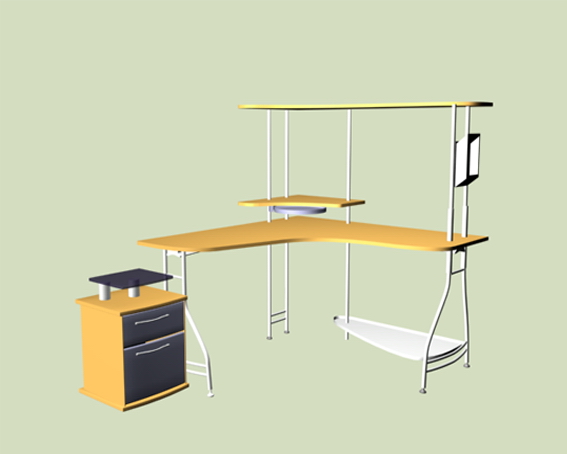 L shaped office table with shelves 3d rendering