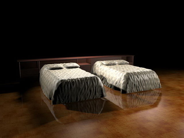 Hotel twin bed with built in nightstand 3d rendering