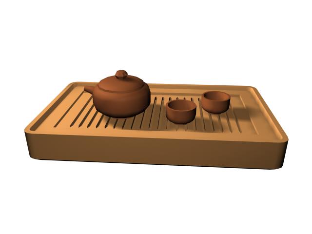 Bamboo tea tray and tea set 3d rendering