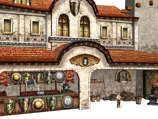 Fantasy building weapon and armor shop 3d rendering