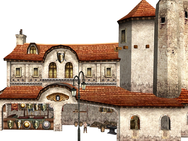 Fantasy building weapon and armor shop 3d rendering