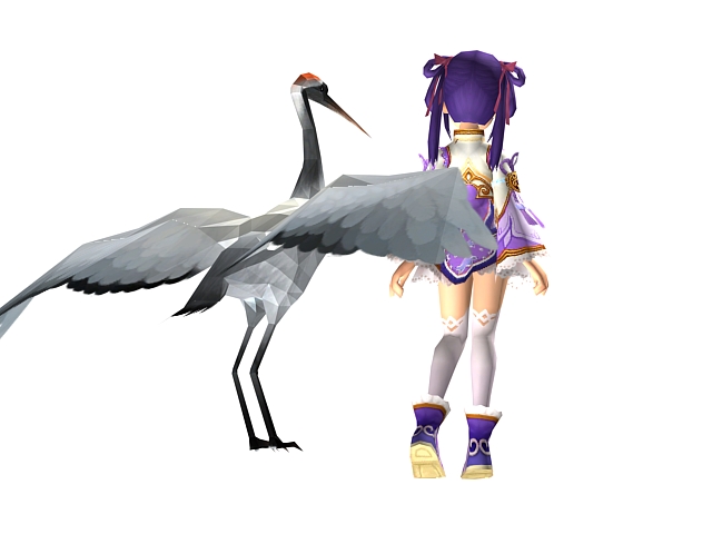 Oriental cartoon girl and crane 3d rendering