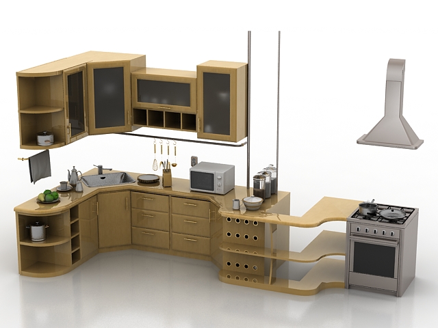 Apartment corner kitchen design 3d rendering