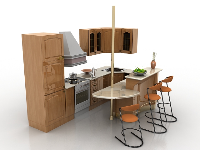 Small kitchen with bar counter 3d rendering