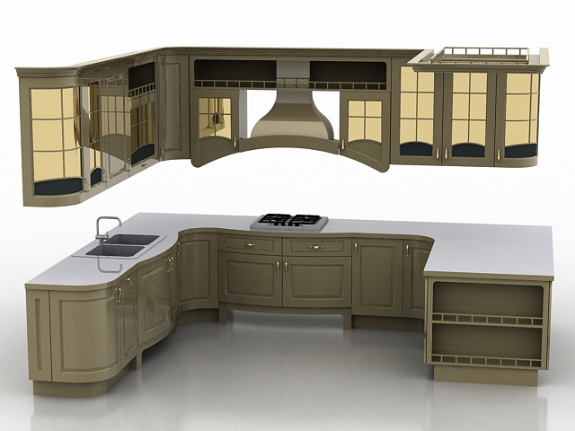 U shaped kitchen design 3d rendering