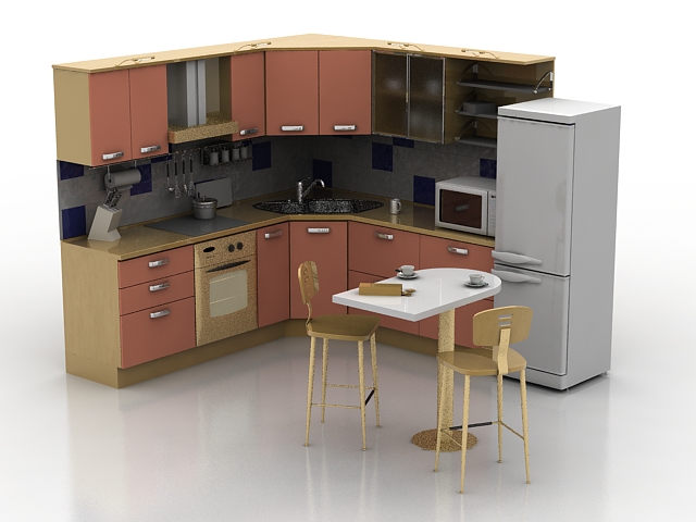 Small corner kitchen with dinner set 3d rendering
