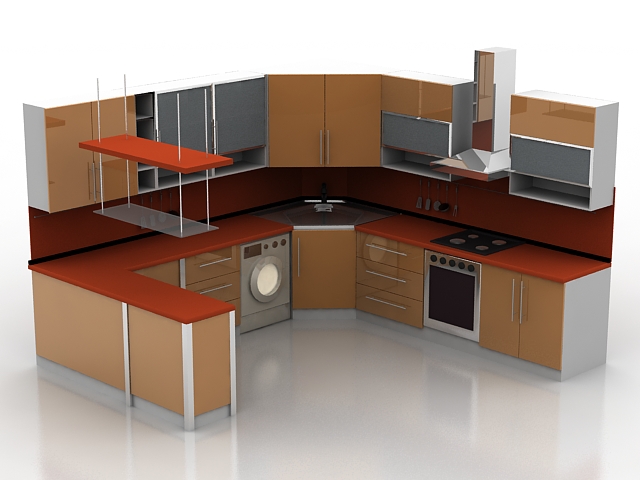 U shaped kitchen with counter 3d rendering