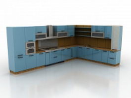 Blue L-kitchen design 3d model preview