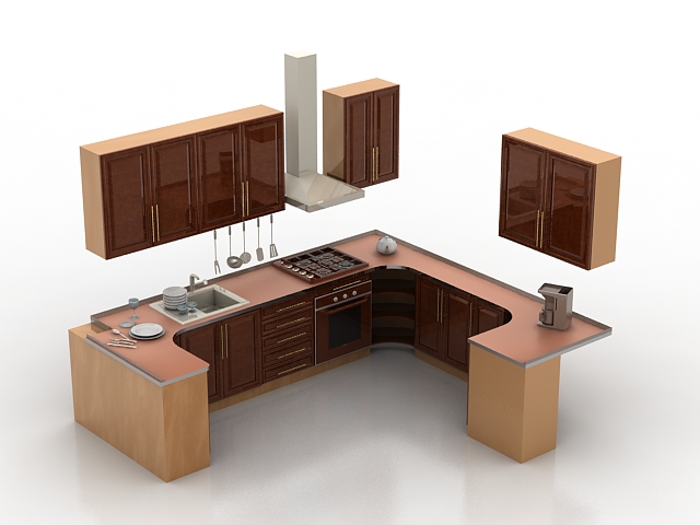 Small U-shaped kitchen design 3d rendering