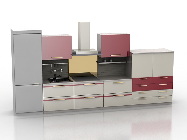 Modern single-file kitchen design 3d rendering