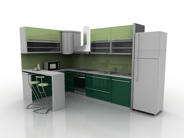 Green kitchen with counter 3d rendering