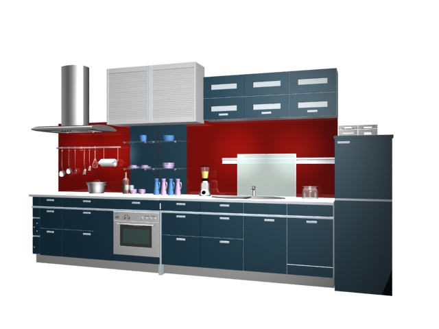 Red and blue kitchen design 3d rendering