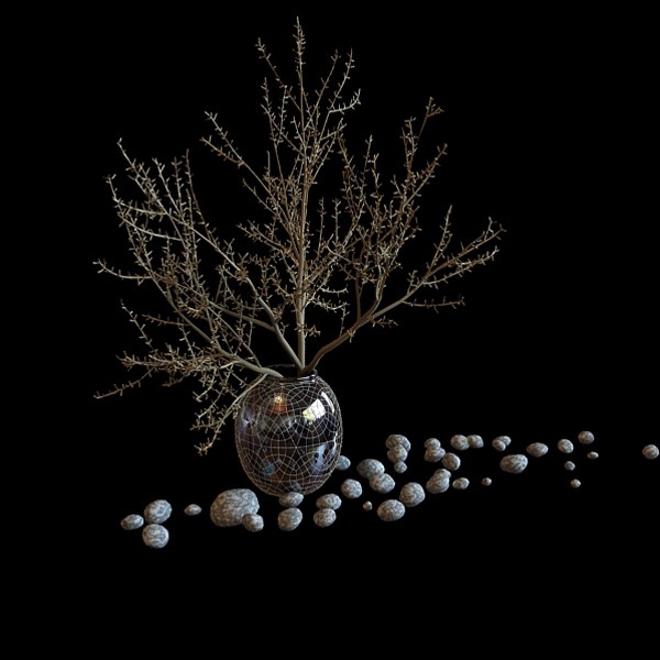 Vase with branches and cobblestone 3d rendering