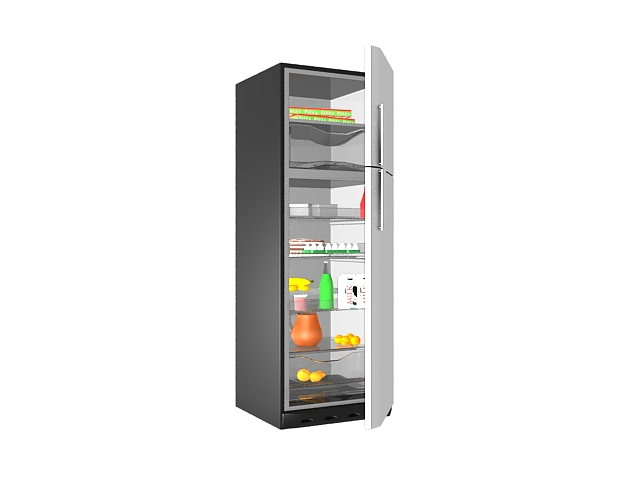 Open fridge full with food 3d rendering