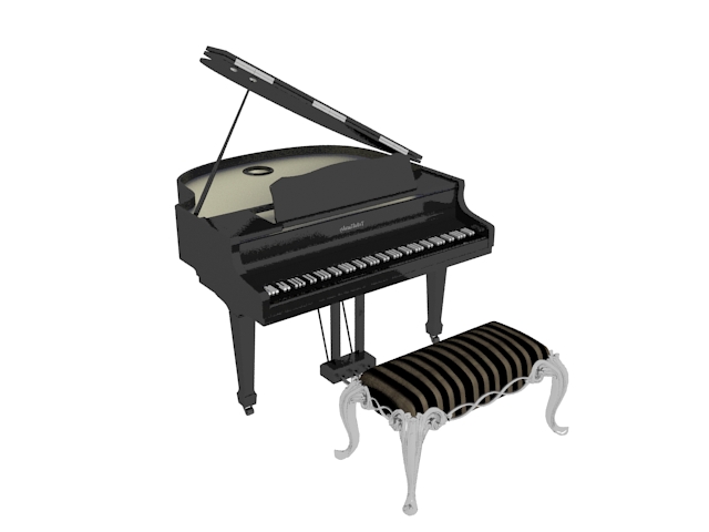 Grand piano and piano bench 3d rendering