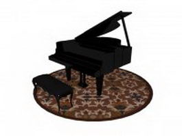 Piano with bench and rug 3d preview