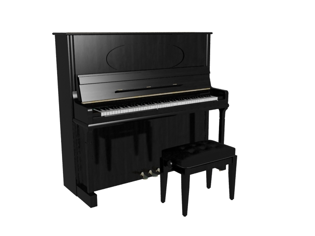 Black upright piano and bench 3d rendering